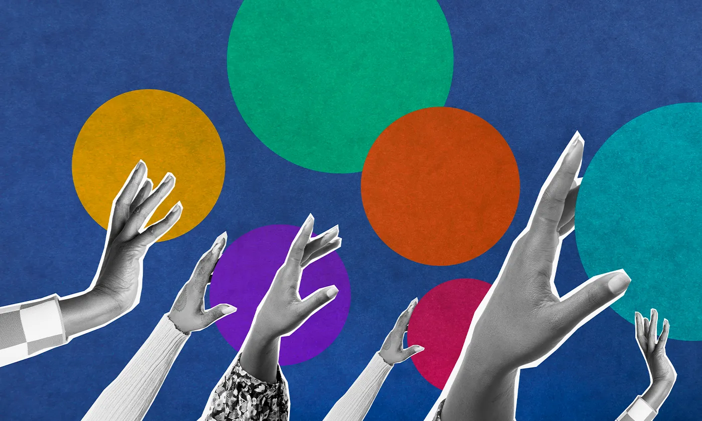 Collage of hands and colorful circles behind them.