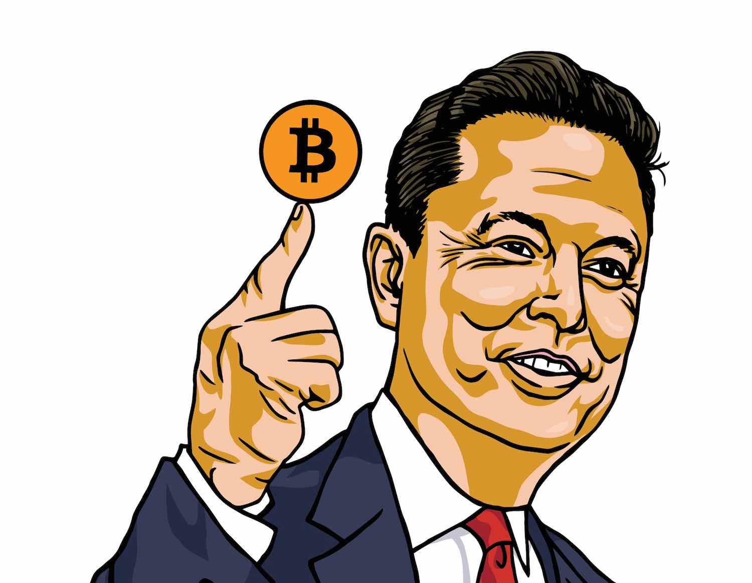 Illustration of Elon Musk with a bitcoin.